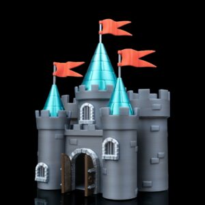 Фронтален изглед на 3D принтиран фентъзи замък с металически сини върхове и оранжеви знамена.