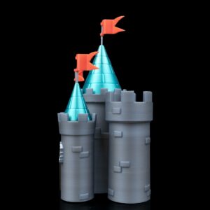 Страничен изглед на 3D принтиран фентъзи замък с детайлни кули и тухлени елементи.