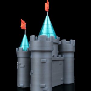 Изглед под ъгъл на 3D принтиран фентъзи замък на черен фон.