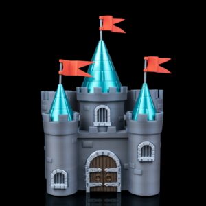Гръб на 3D принтиран фентъзи замък, показващ задните стени и архитектурни детайли.