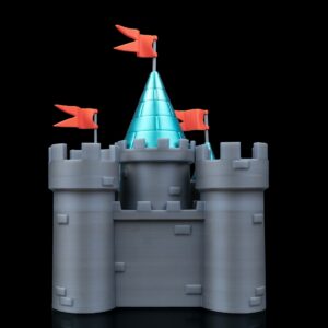 Гръб на 3D принтиран фентъзи замък на черен фон.