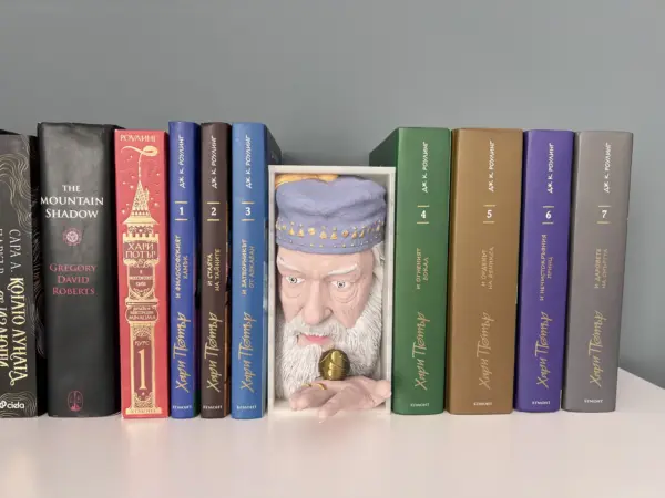 Широка перспектива на Book Nook с Албус Дъмбълдор, поставен между фентъзи книги на рафта