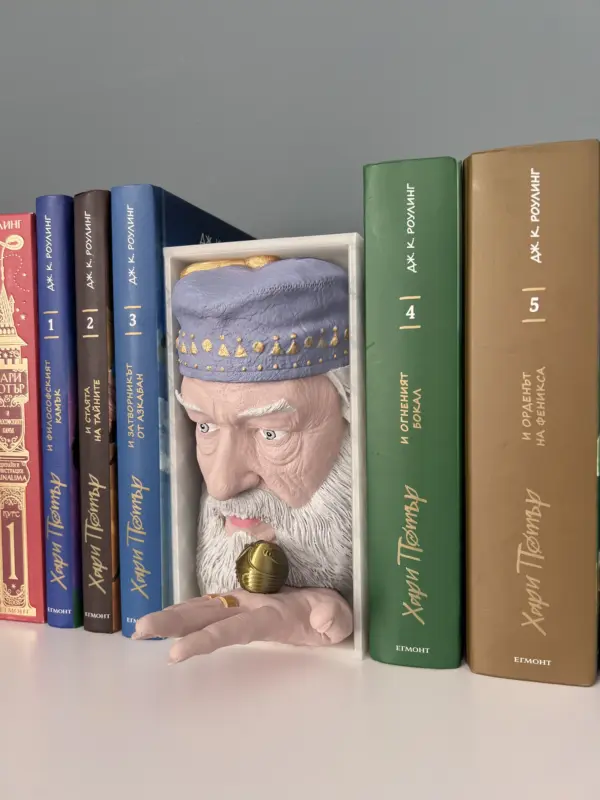 Страничен изглед на 3D принтиран Book Nook с Дъмбълдор и Златния Снитч